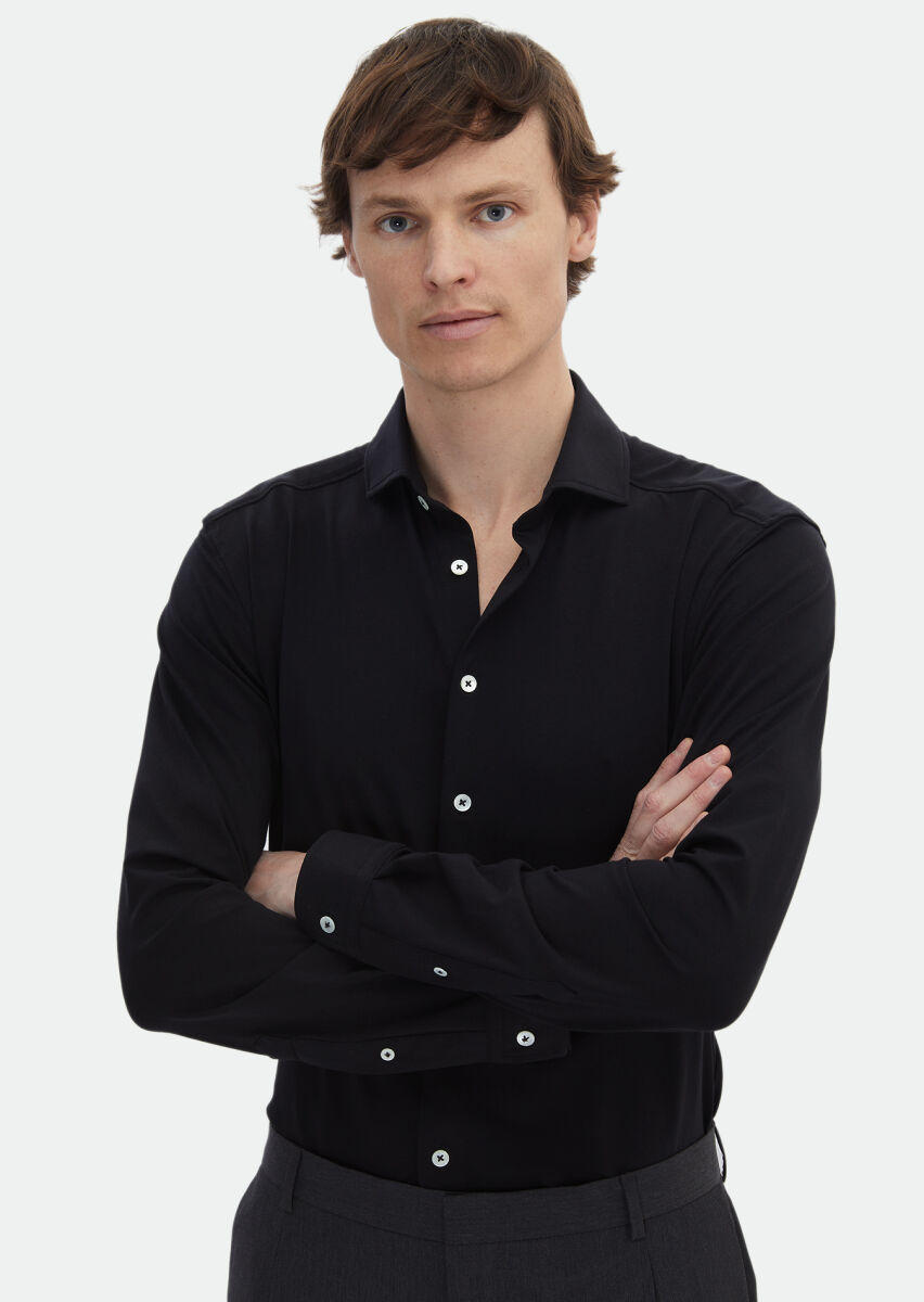 Black Plain Regular Fit Long Knitting Casual Cotton Blended Shirt - 3