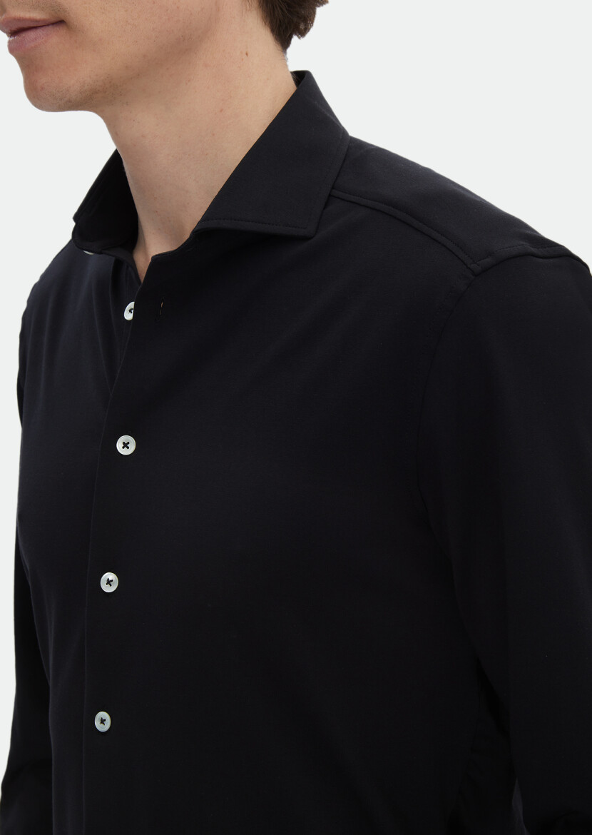 Black Plain Regular Fit Long Knitting Casual Cotton Blended Shirt - 4