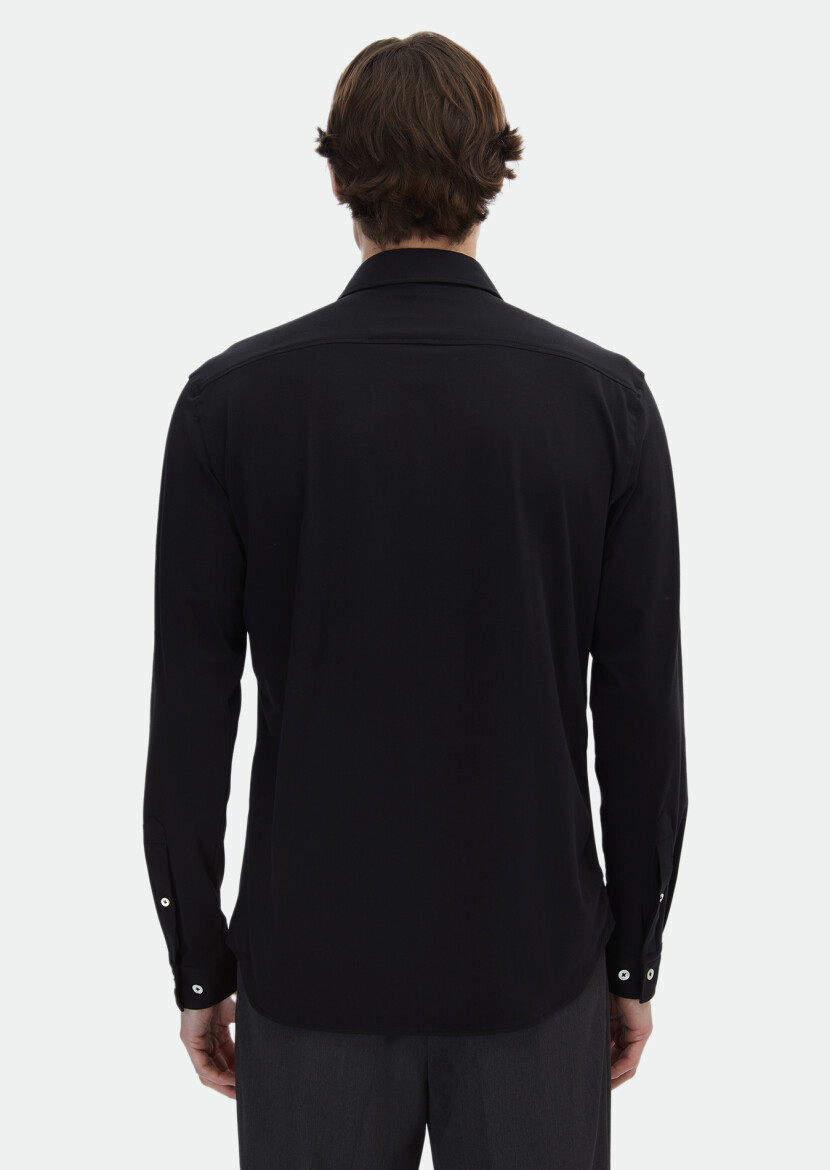 Black Plain Regular Fit Long Knitting Casual Cotton Blended Shirt - 6