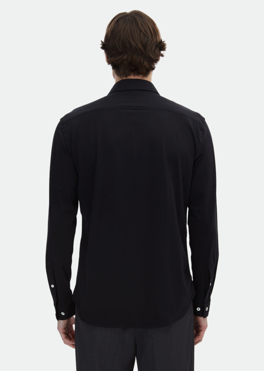 Black Plain Regular Fit Long Knitting Casual Cotton Blended Shirt - 6