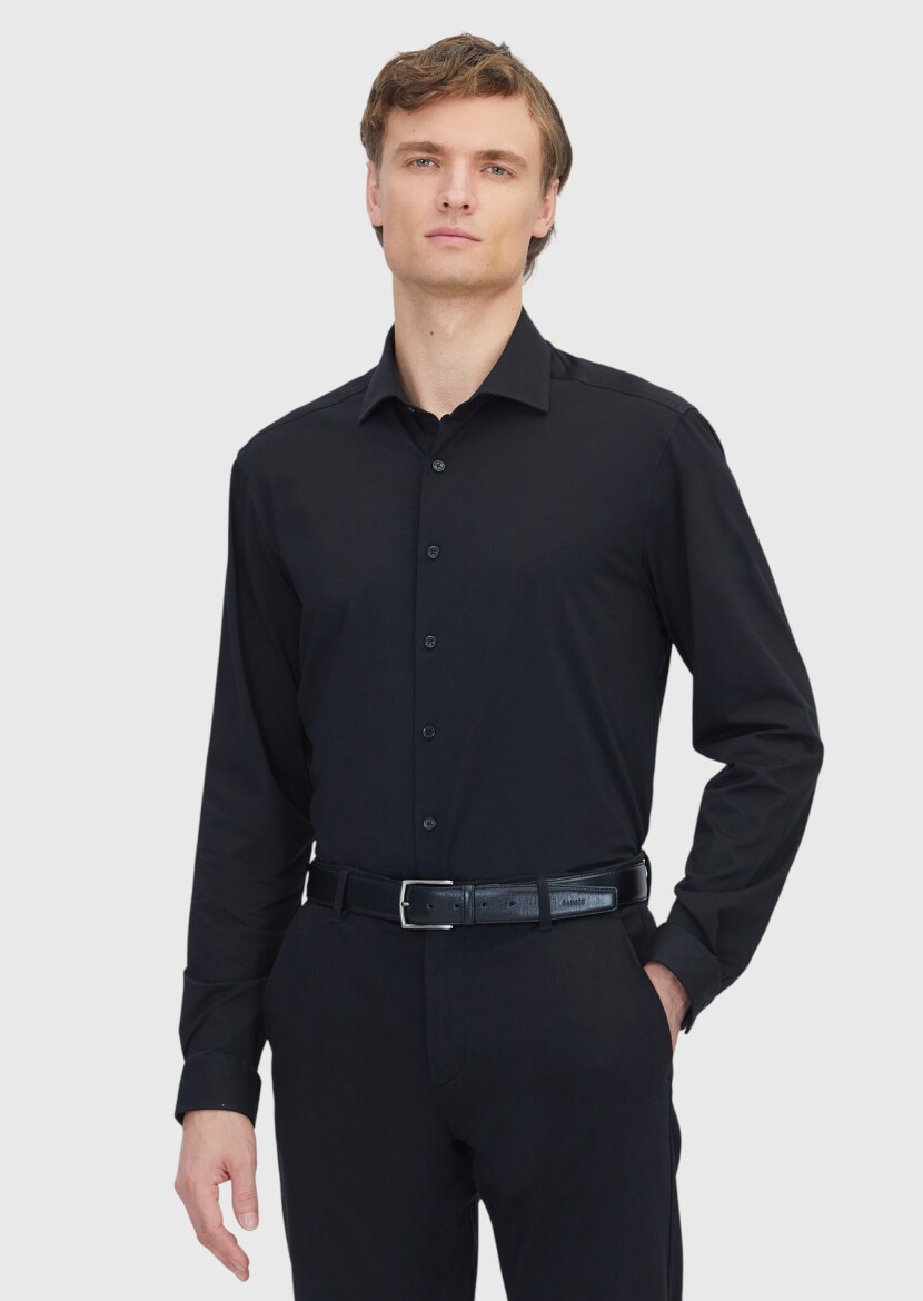 Black Plain Regular Fit Long Knitting Casual Cotton Blended Shirt - RAMSEY
