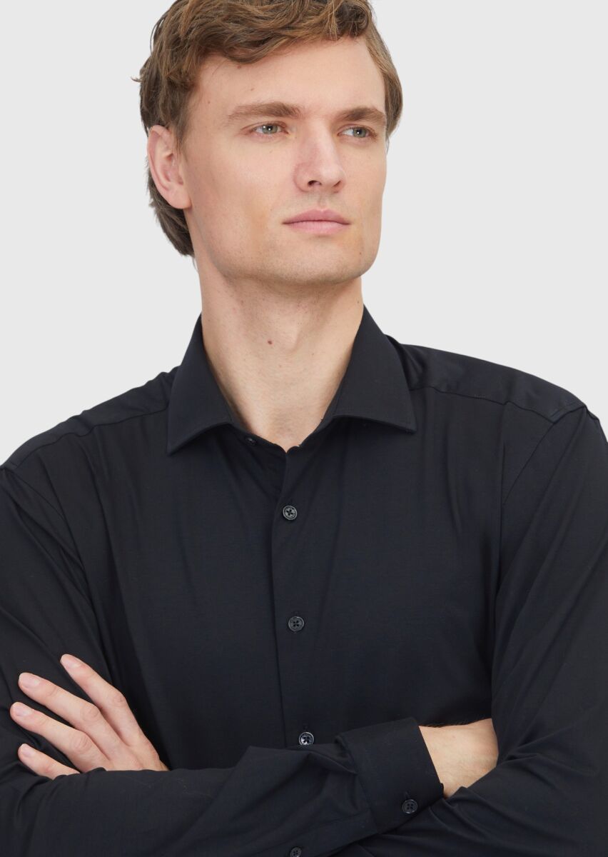 Black Plain Regular Fit Long Knitting Casual Cotton Blended Shirt - 3