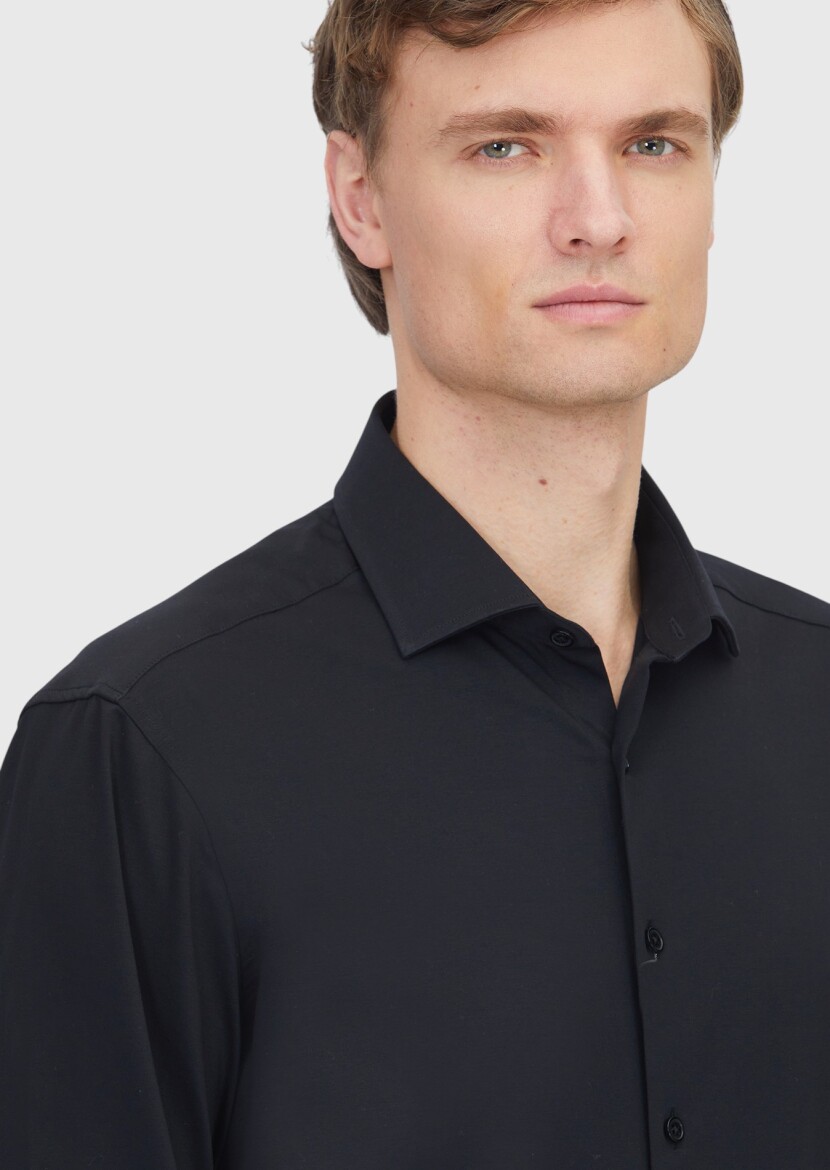 Black Plain Regular Fit Long Knitting Casual Cotton Blended Shirt - 4