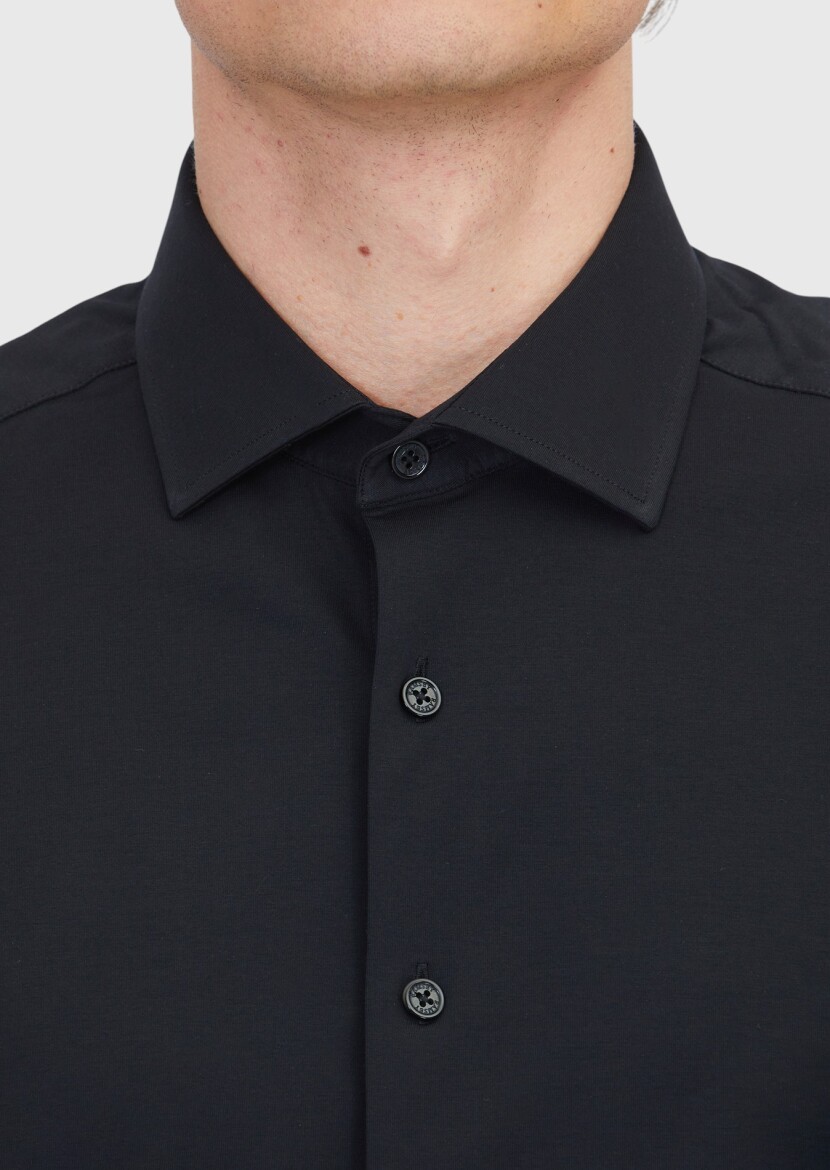 Black Plain Regular Fit Long Knitting Casual Cotton Blended Shirt - 6