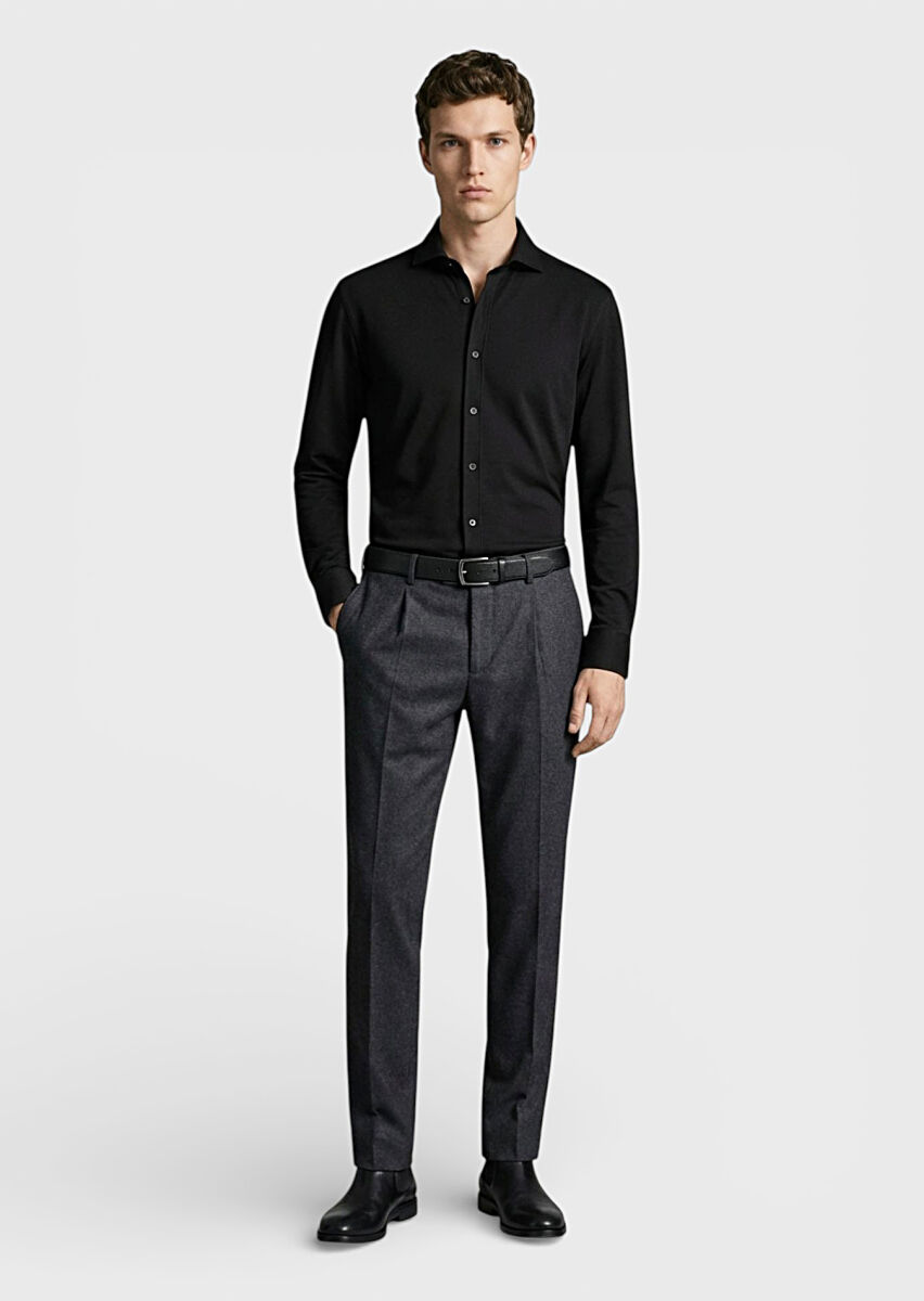 Black Plain Regular Fit Long Knitting Classical Shirt - 2