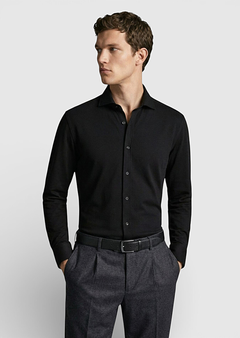 Black Plain Regular Fit Long Knitting Classical Shirt - 3