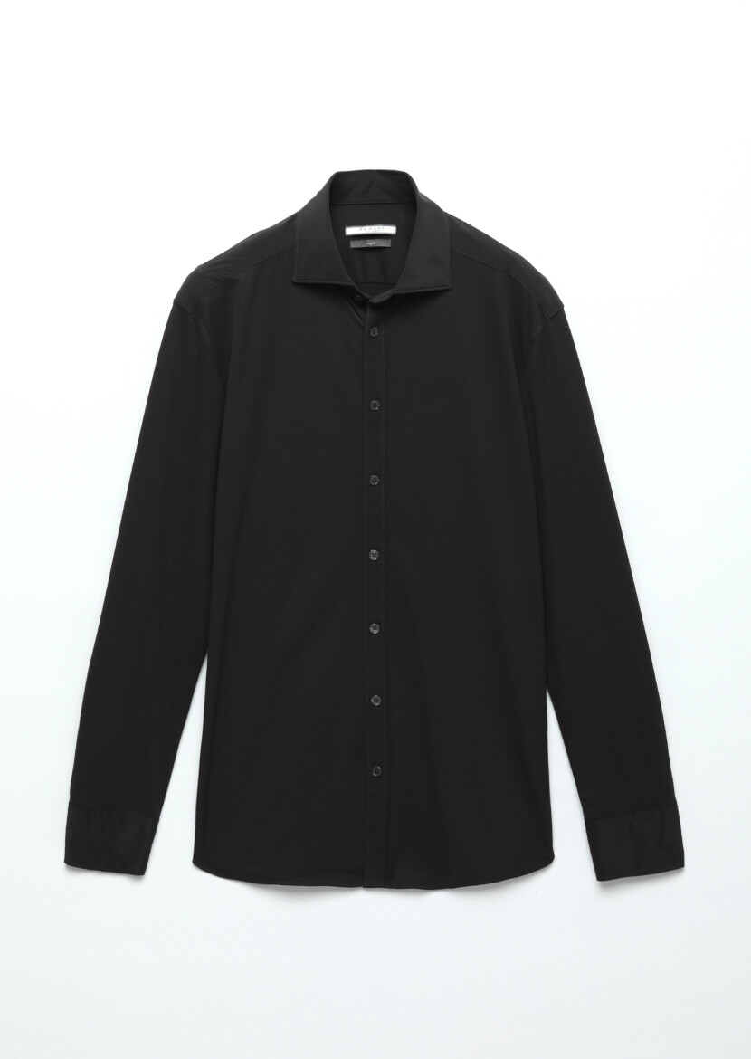 Black Plain Regular Fit Long Knitting Classical Shirt - 5