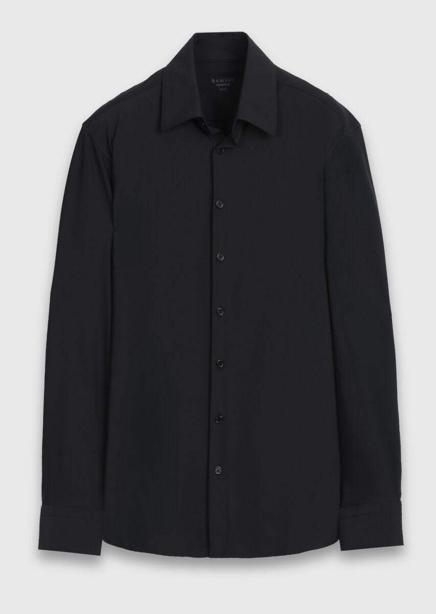 Black Plain Regular Fit Long Knitting Classical Shirt - 6