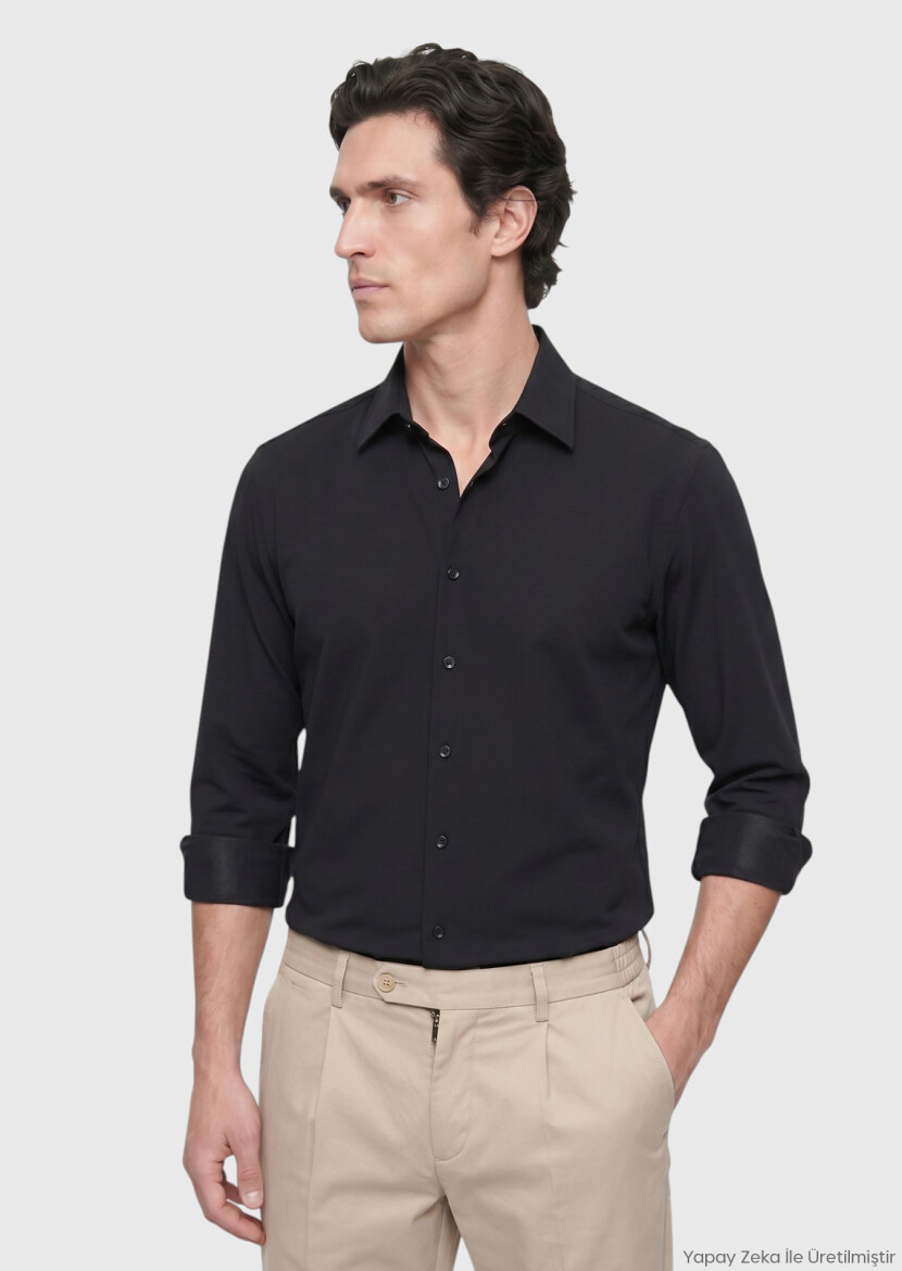 Black Plain Regular Fit Long Knitting Classical Shirt - RAMSEY