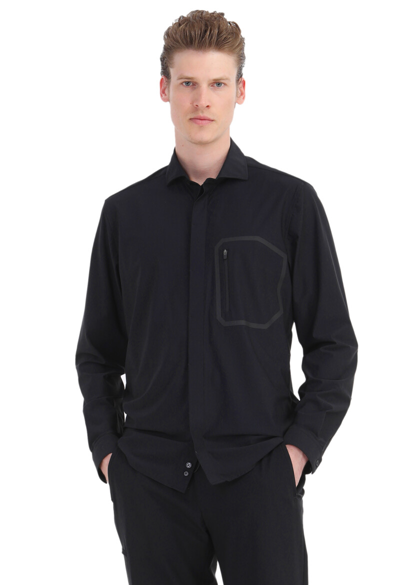 Black Plain Regular Fit Long Knitting Classical Shirt - 1