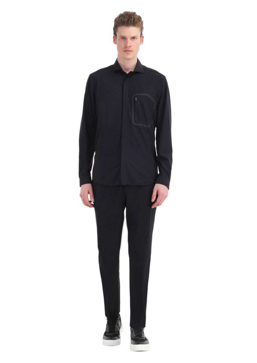 Black Plain Regular Fit Long Knitting Classical Shirt 