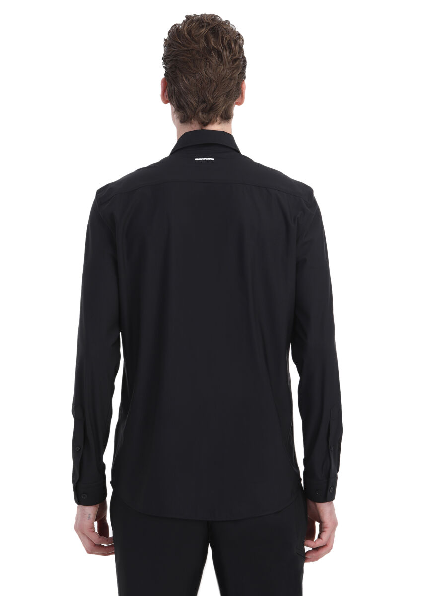 Black Plain Regular Fit Long Knitting Classical Shirt - 5