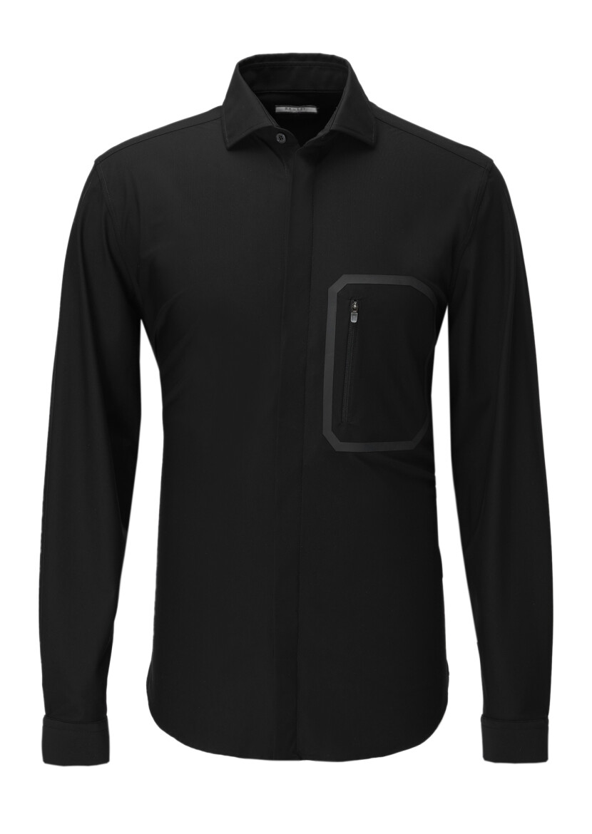 Black Plain Regular Fit Long Knitting Classical Shirt - 6