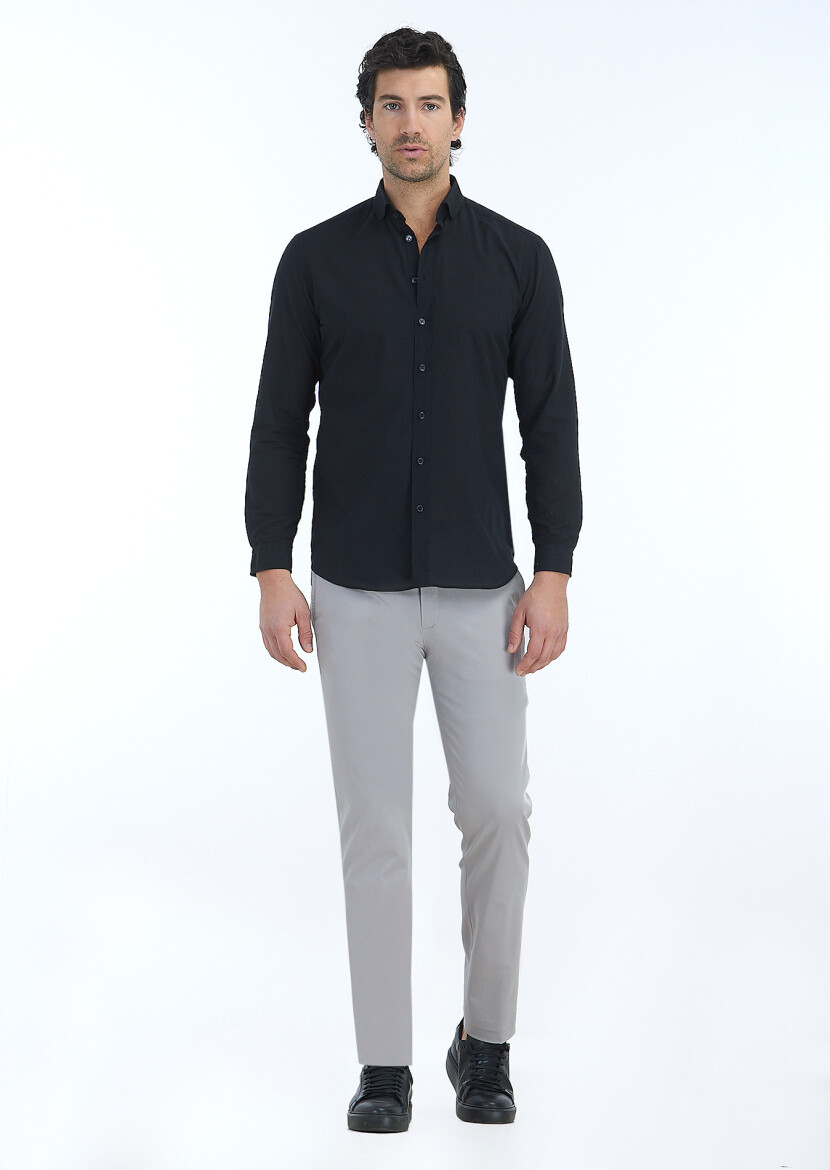 Black Plain Regular Fit Long Weaving Casual 100% Cotton Shirt - 1