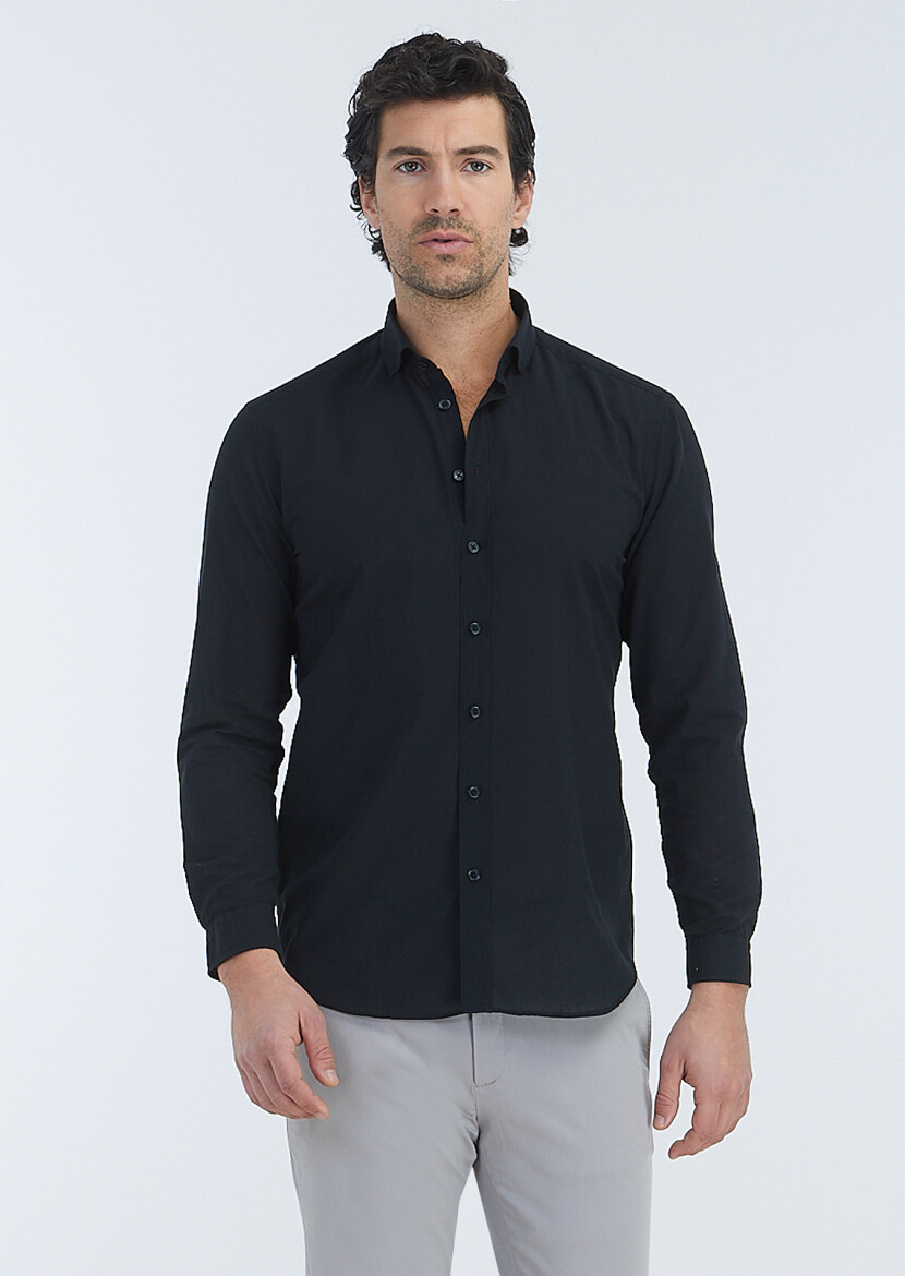 Black Plain Regular Fit Long Weaving Casual 100% Cotton Shirt 