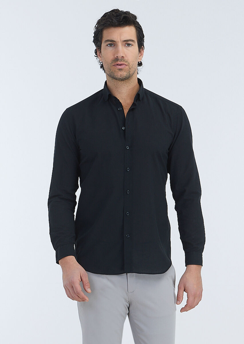 Black Plain Regular Fit Long Weaving Casual 100% Cotton Shirt - 2