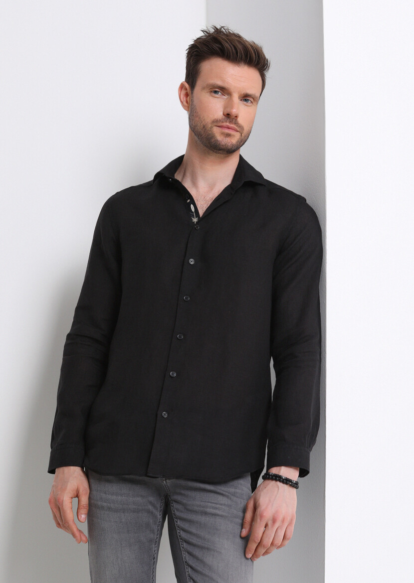 Black Plain Regular Fit Long Weaving Casual 100% Linen Shirt - 1