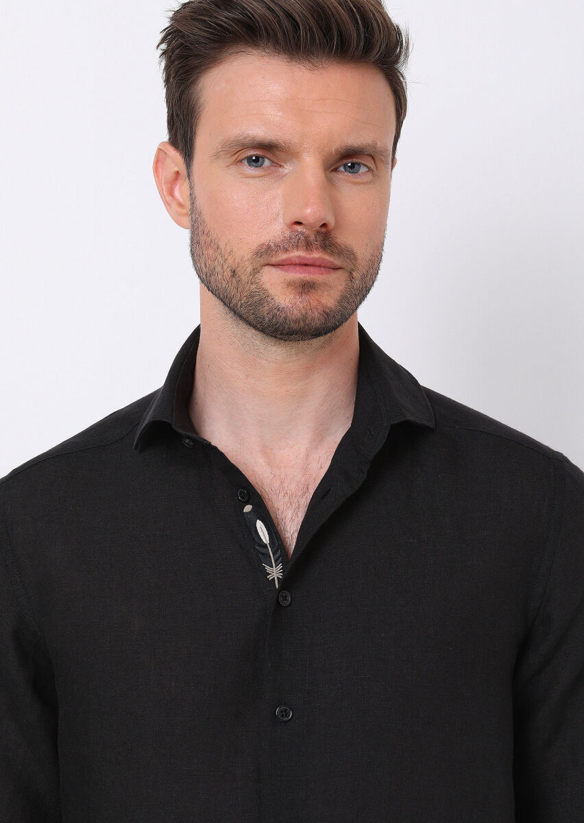 Black Plain Regular Fit Long Weaving Casual 100% Linen Shirt - 2