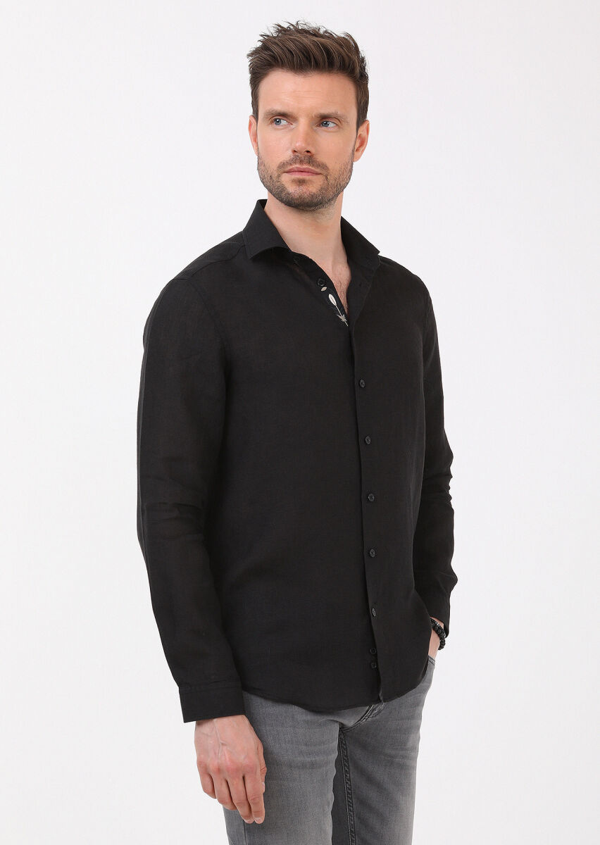 Black Plain Regular Fit Long Weaving Casual 100% Linen Shirt - 4