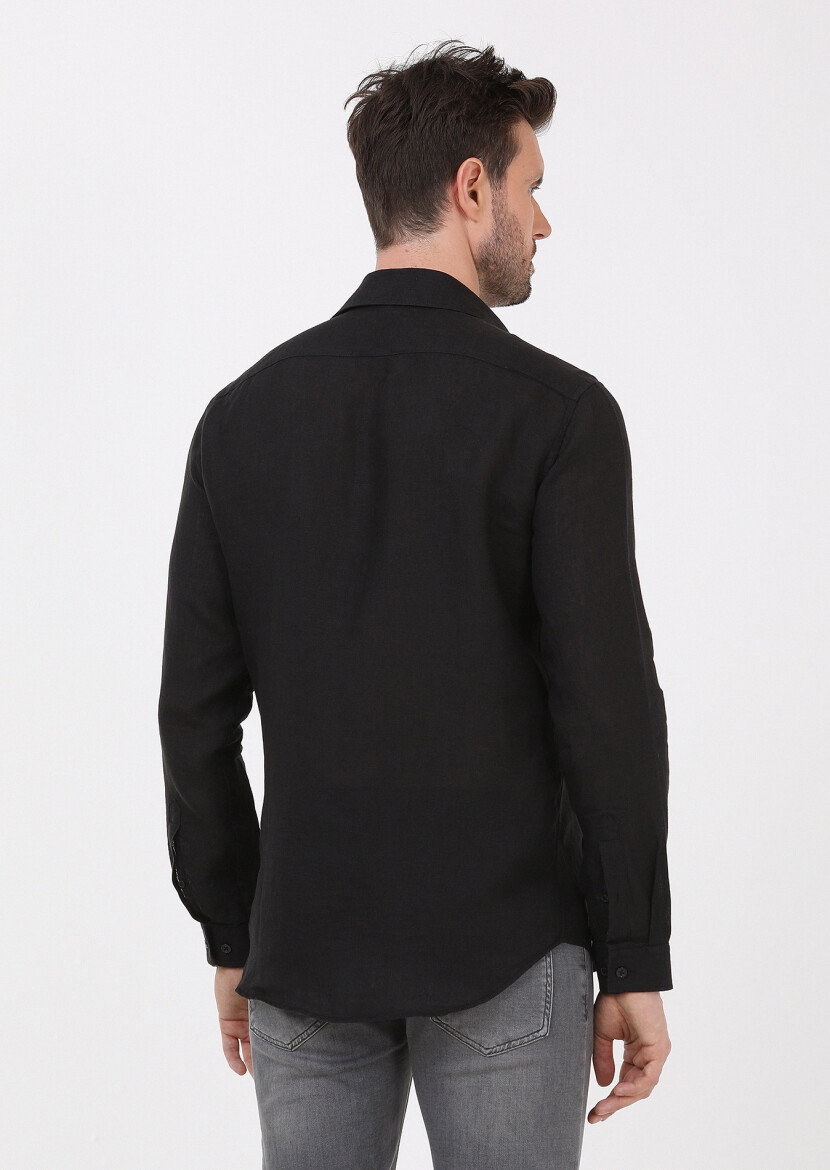 Black Plain Regular Fit Long Weaving Casual 100% Linen Shirt - 5