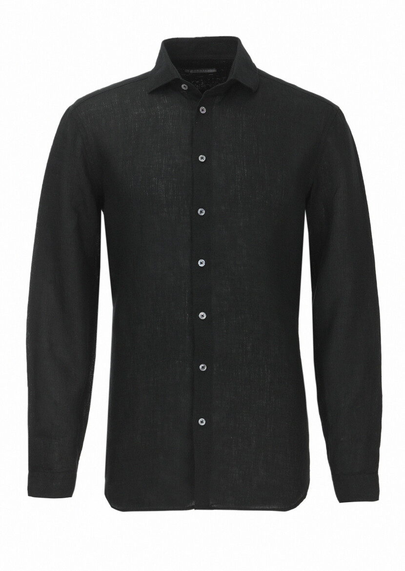 Black Plain Regular Fit Long Weaving Casual 100% Linen Shirt 