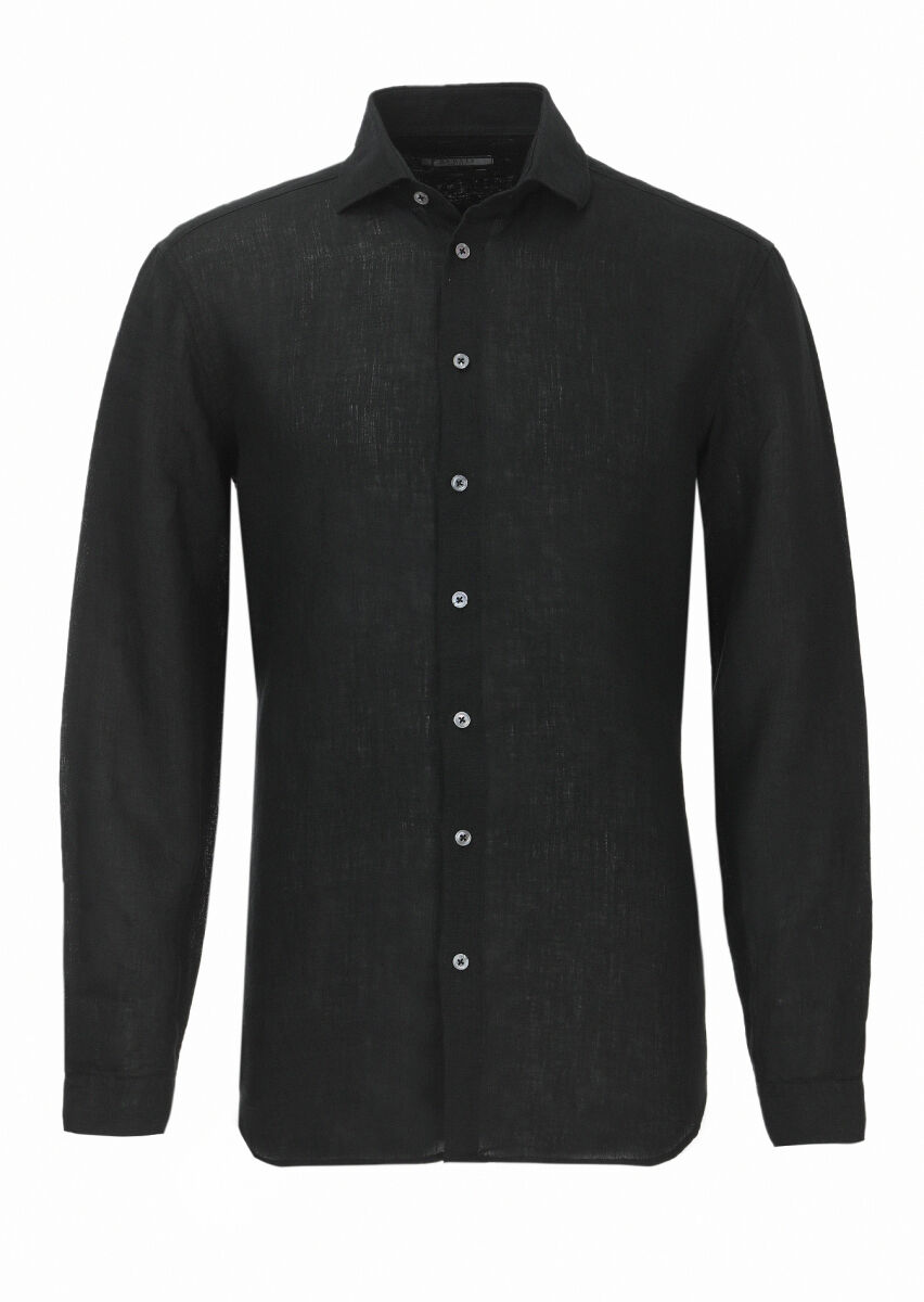 Black Plain Regular Fit Long Weaving Casual 100% Linen Shirt - 1