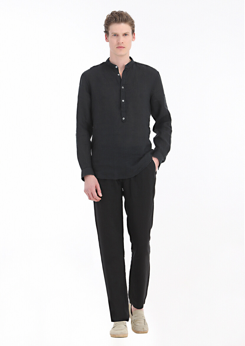 Black Plain Regular Fit Long Weaving Casual 100% Linen Shirt - 1