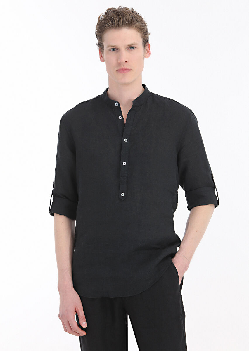 Black Plain Regular Fit Long Weaving Casual 100% Linen Shirt - 2
