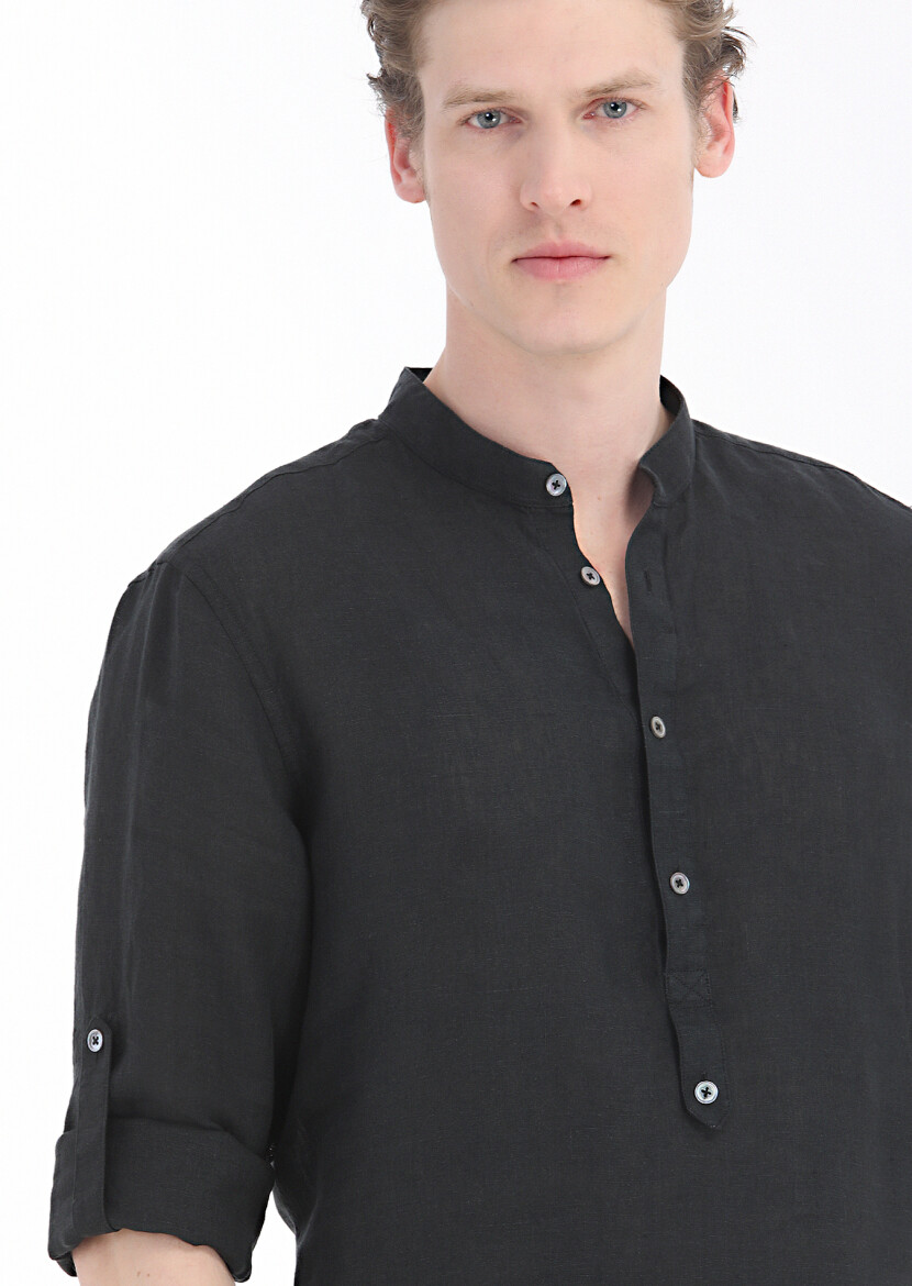 Black Plain Regular Fit Long Weaving Casual 100% Linen Shirt - 3