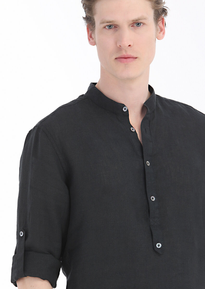 Black Plain Regular Fit Long Weaving Casual 100% Linen Shirt - 3