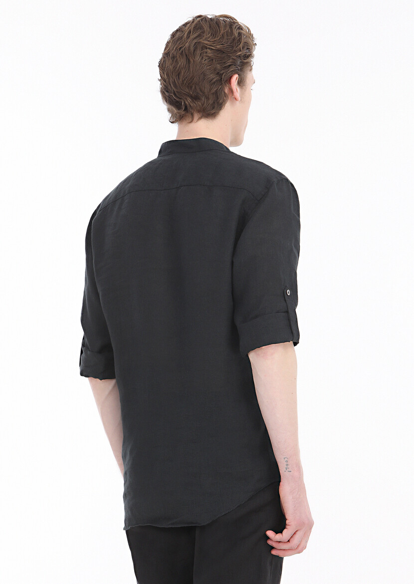 Black Plain Regular Fit Long Weaving Casual 100% Linen Shirt - 5
