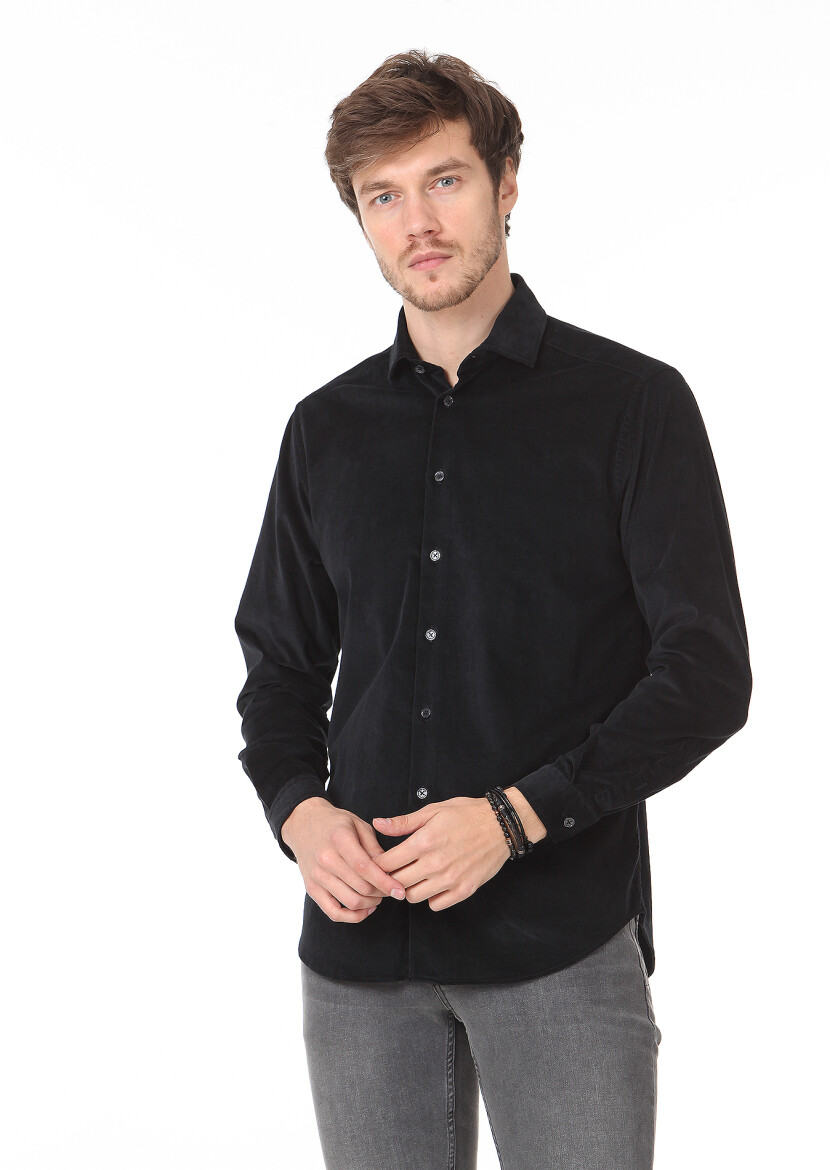 Black Plain Regular Fit Long Weaving Casual Cotton Blended Shirt - 1