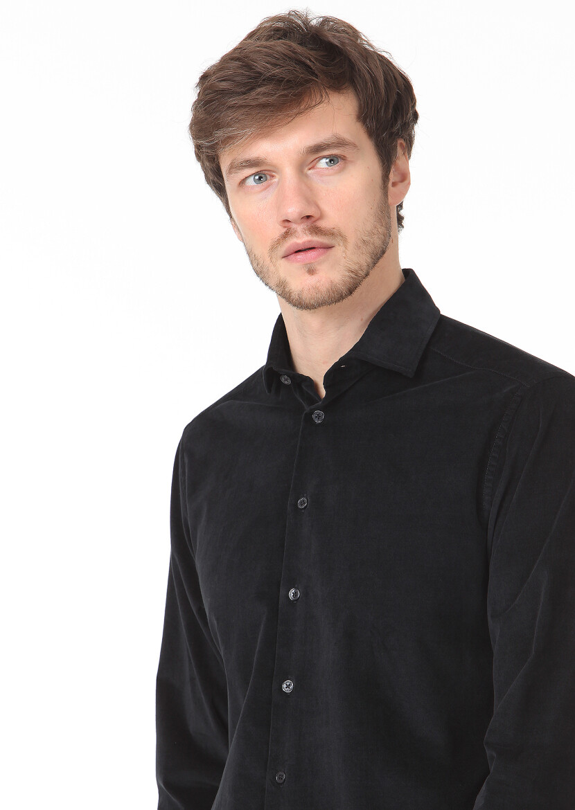 Black Plain Regular Fit Long Weaving Casual Cotton Blended Shirt - 2