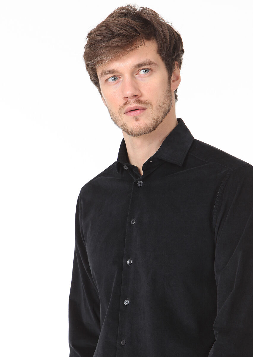 Black Plain Regular Fit Long Weaving Casual Cotton Blended Shirt - 2