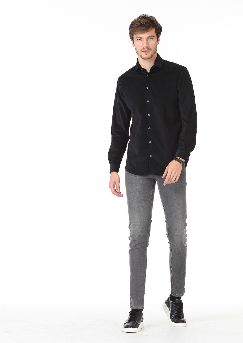 Black Plain Regular Fit Long Weaving Casual Cotton Blended Shirt - 3