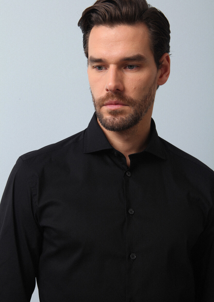 Black Plain Regular Fit Long Weaving Casual Cotton Blended Shirt 