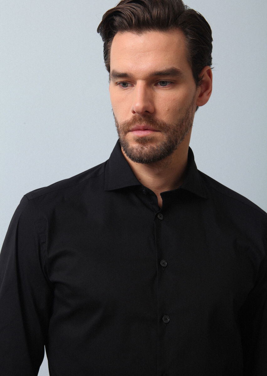 Black Plain Regular Fit Long Weaving Casual Cotton Blended Shirt - 2