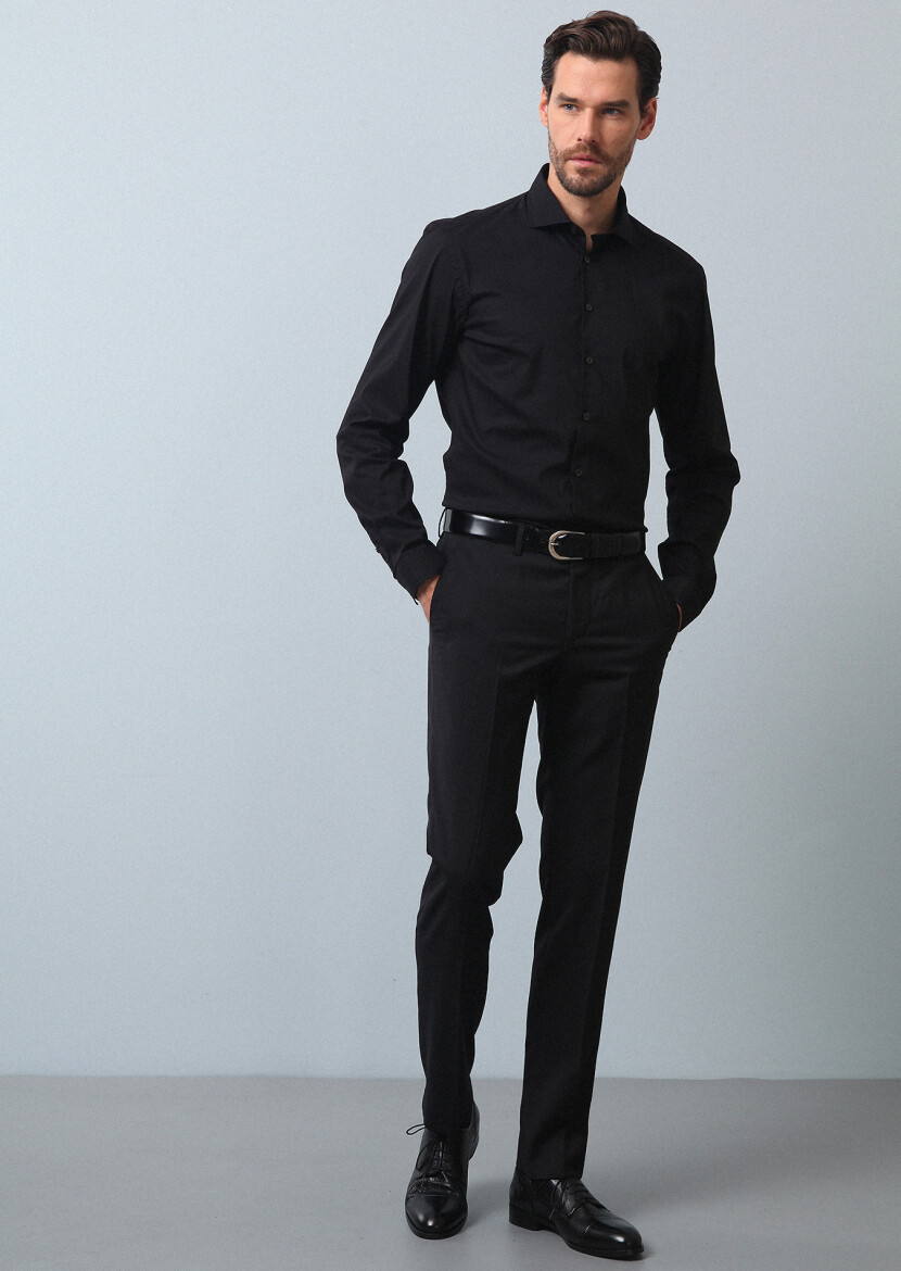 Black Plain Regular Fit Long Weaving Casual Cotton Blended Shirt - 4