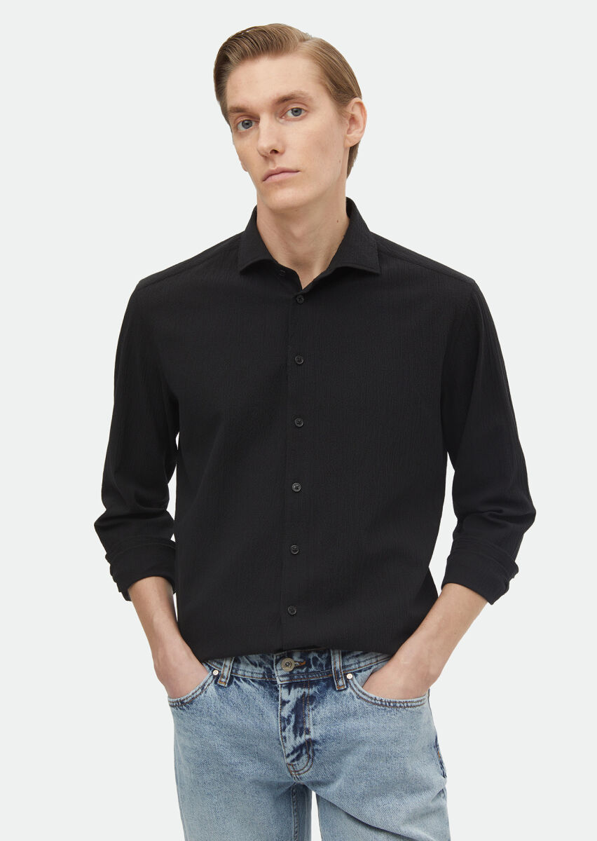 Black Plain Regular Fit Long Weaving Casual Cotton Blended Shirt - 1