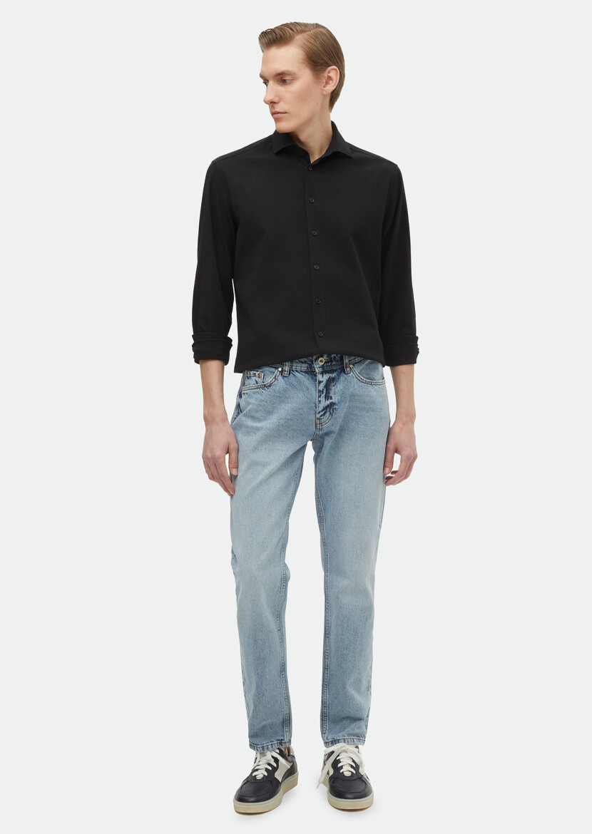 Black Plain Regular Fit Long Weaving Casual Cotton Blended Shirt 