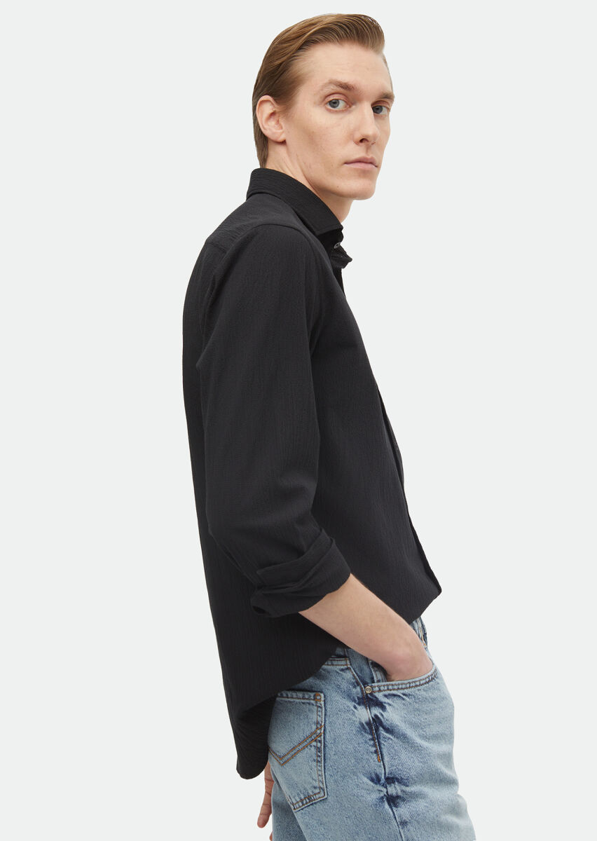 Black Plain Regular Fit Long Weaving Casual Cotton Blended Shirt - 3