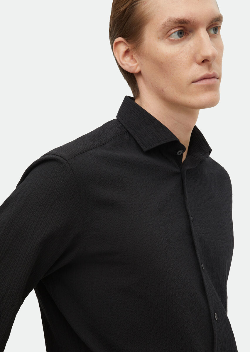 Black Plain Regular Fit Long Weaving Casual Cotton Blended Shirt - 4