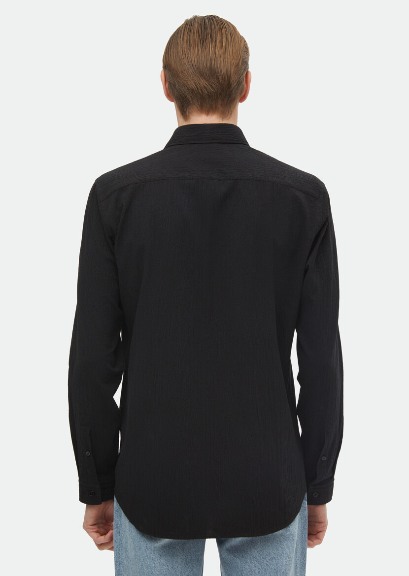 Black Plain Regular Fit Long Weaving Casual Cotton Blended Shirt - 5