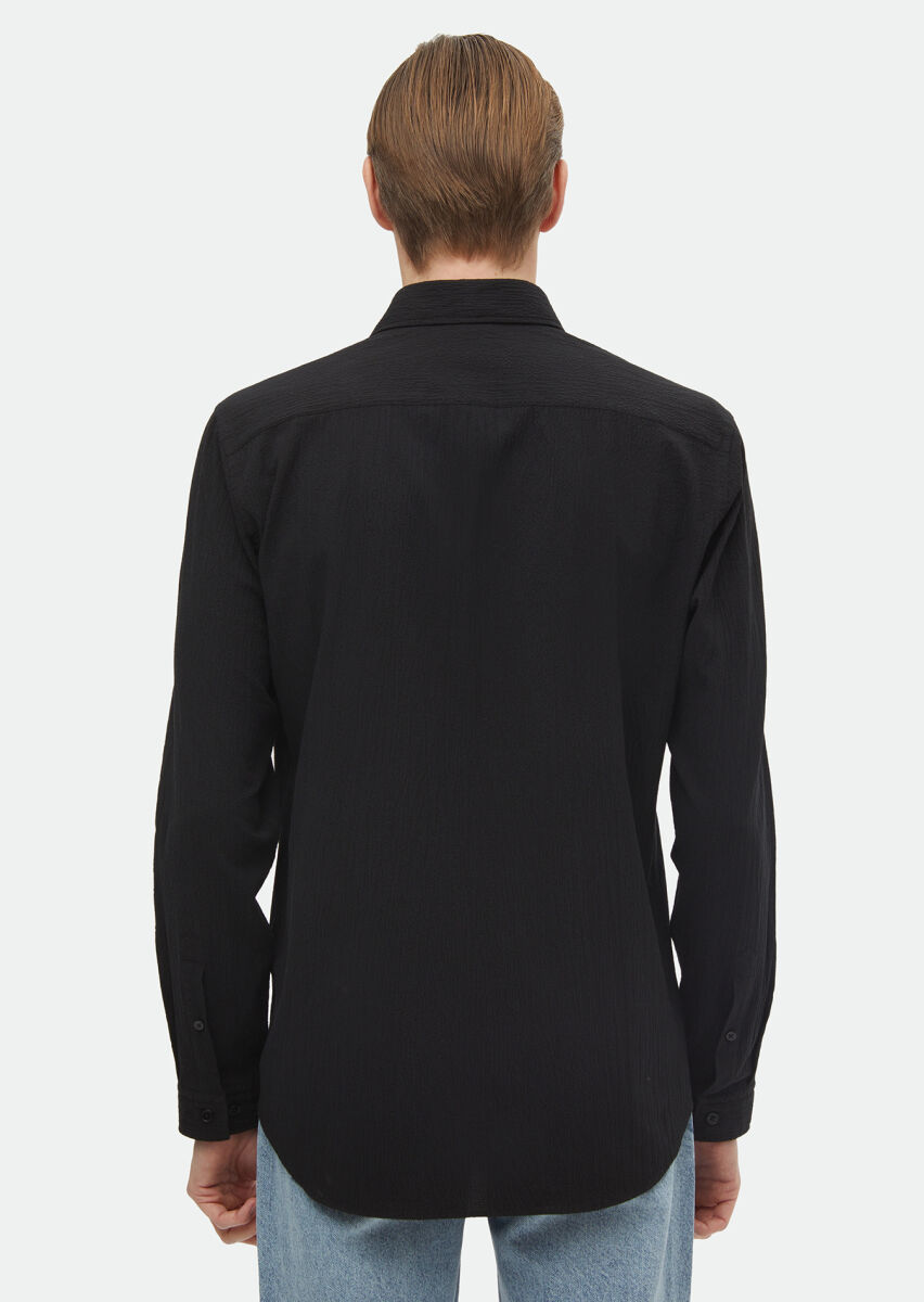 Black Plain Regular Fit Long Weaving Casual Cotton Blended Shirt - 5