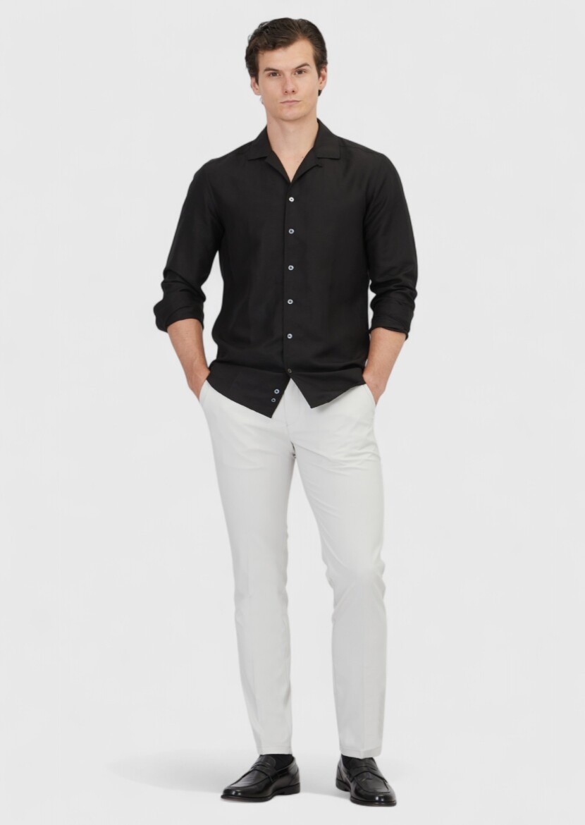 Black Plain Regular Fit Long Weaving Casual Linen Blended Shirt 