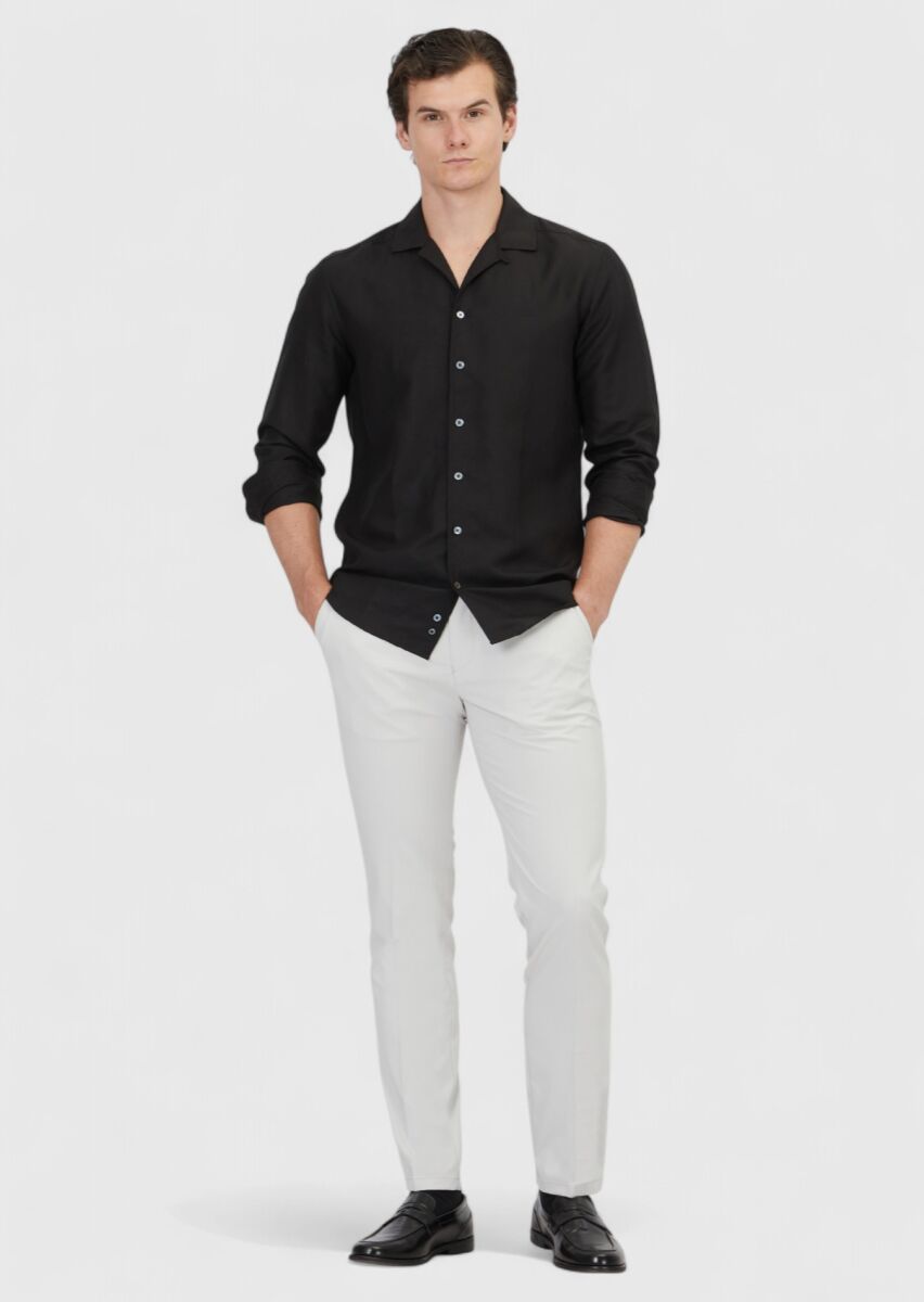 Black Plain Regular Fit Long Weaving Casual Linen Blended Shirt - 2