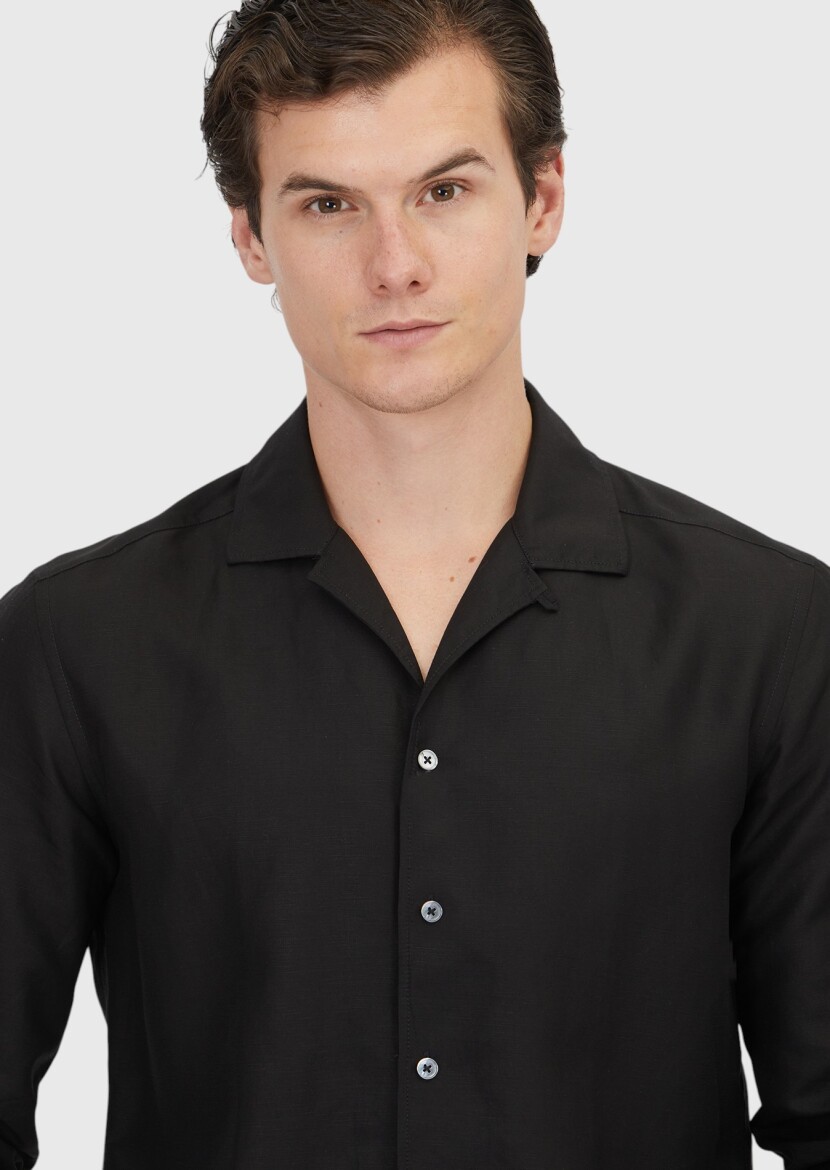 Black Plain Regular Fit Long Weaving Casual Linen Blended Shirt - 3