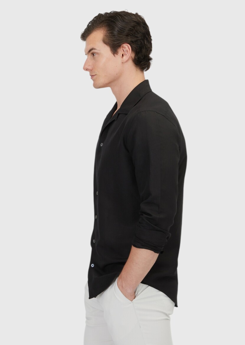 Black Plain Regular Fit Long Weaving Casual Linen Blended Shirt - 4