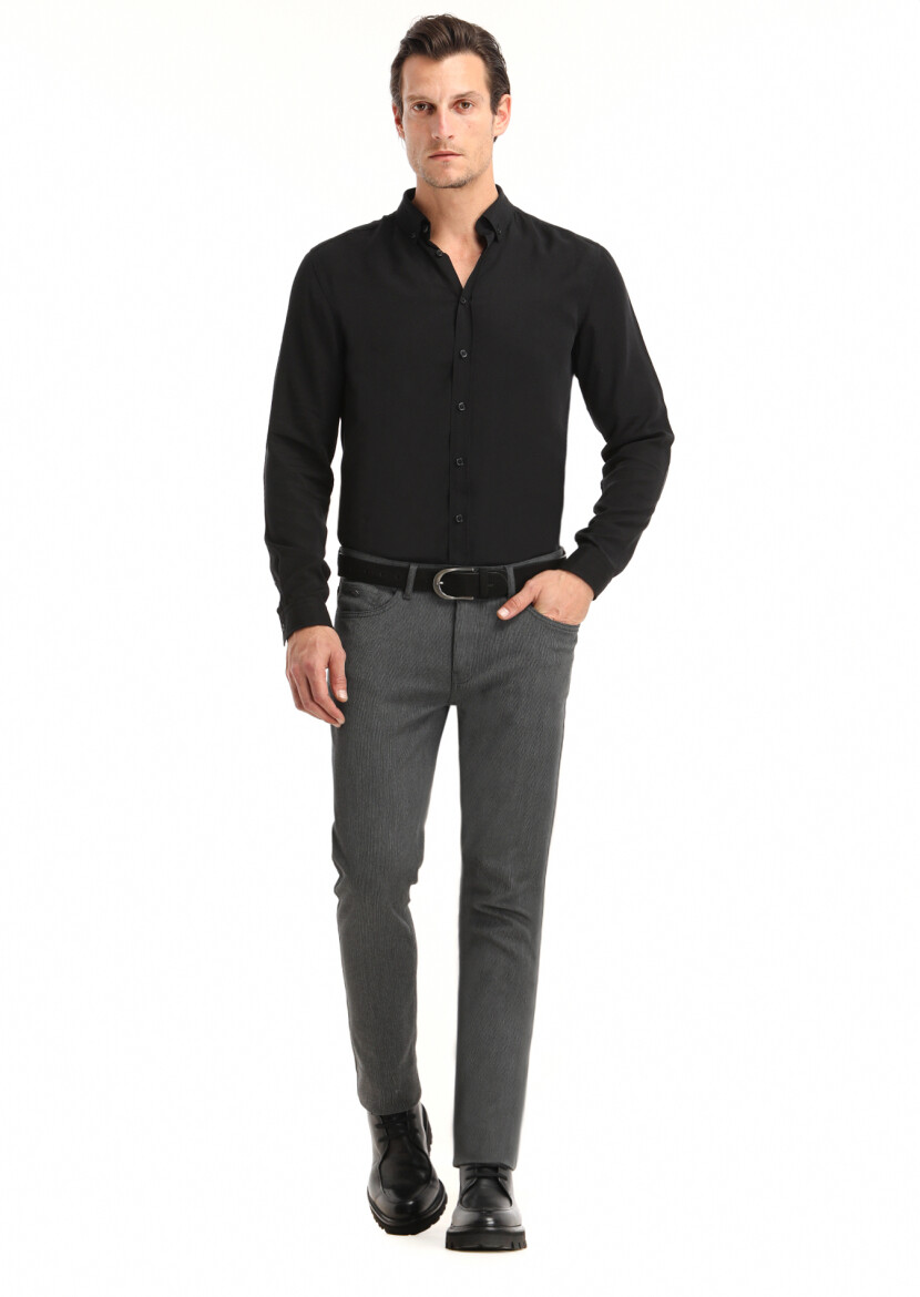 Black Plain Regular Fit Long Weaving Casual Shirt - 1