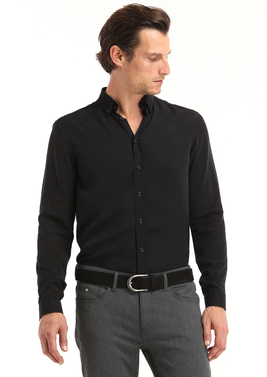 Black Plain Regular Fit Long Weaving Casual Shirt - 2